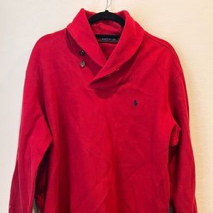 Red Ralph Lauren sweater with high neck buttons